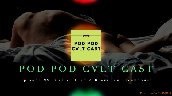 Image of stop lights and scantily clad couple on bed for Pod Pod Cvlt Cast podcast Episode #29 Orgies Like A Brazilian Steakhouse
